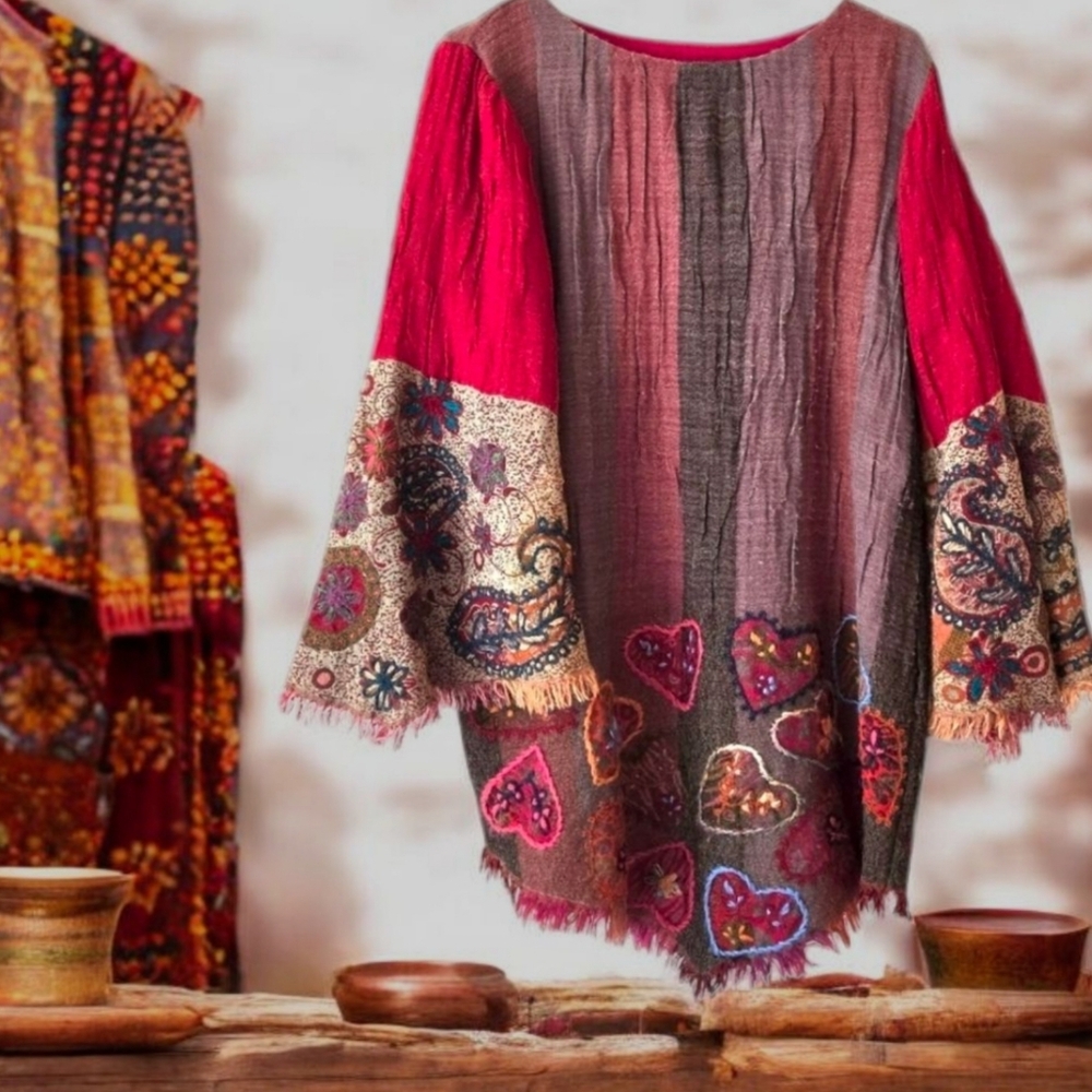 Kashmir Hut Red Gray Tunic Embroidered Bell Sleeve Bohemian Forest Fairy / XL - Picture 10 of 10